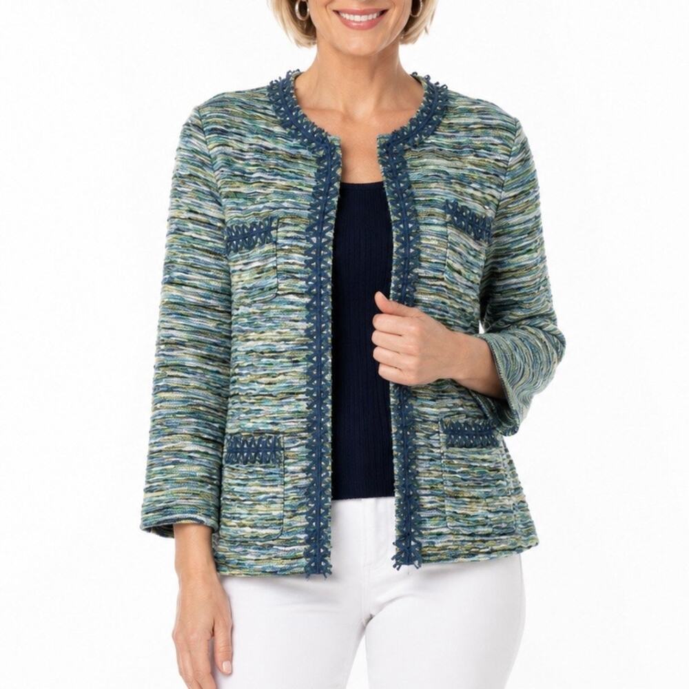Chico’s Green Teal Tweed Open Front Jacket Blazer Cardigan Size 1 Medium